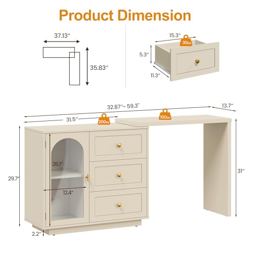 59" Makeup Vanity Desk, Beige Vanity Dresser for Girls and Women, view 3