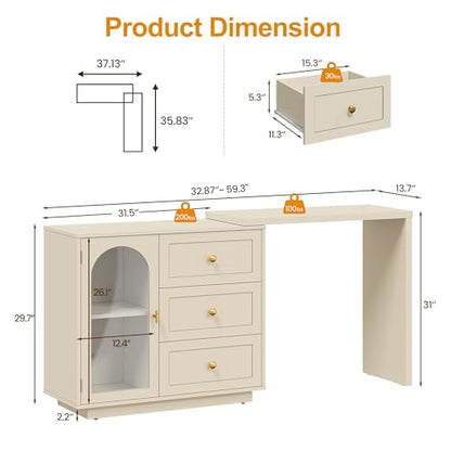 59" Makeup Vanity Desk, Beige Vanity Dresser for Girls and Women, view 3