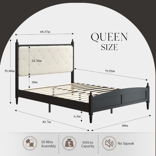 Queen Upholstered Platform Bed Frame with Tufted Headboard, Beige Black, view 3
