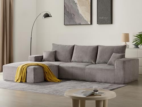 Sectional Cloud Boneless Sofa Couches for Living Room-113'' Gray 3 Seater L-Shaped Modern Lounge Couch-No Assembly Modular Corduroy Convertible Sponge Sleeper Sofas with Chaise for Home House
