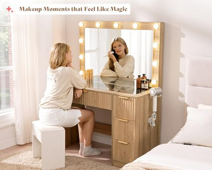 36.2" Fluted Vanity Desk with Large Mirror and Lights, Natural Oak, view 5