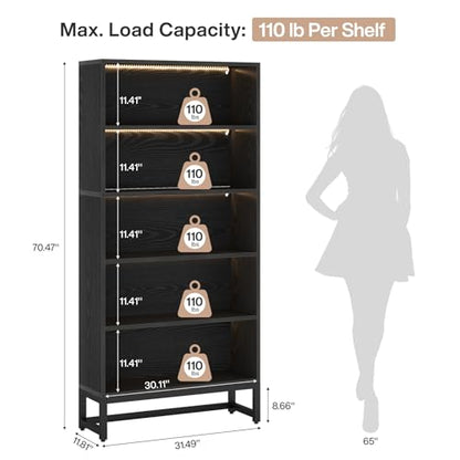 Tribesigns Tall Bookcase Black Bookshelf, 70.8” Large Bookcases Organizer with LED Lights, Heavy Duty Free-Standing Library Bookshelf with 5-Tier Storage Shelves for Living Room, Bedroom (Black)