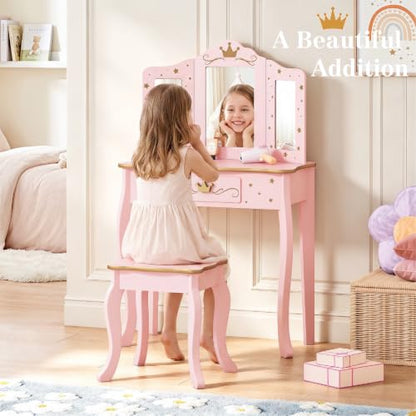 Pink Crown Princess Kids Vanity Set with Drawer for Little Girls, view 4
