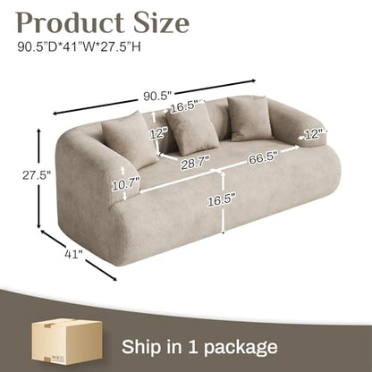 91" Boneless Couch,Cloud Couch,Chenille Curved Sofa with 3 Seater and 3 Pillows, Modern Compression Sofa for Living Room, Bedroom and Apartment, No Assembly Required, Light Brown