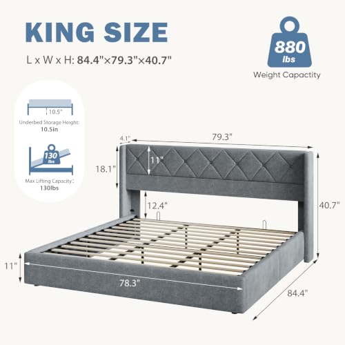 Lift Up Storage Bed Frame King Size with Wingback Headboard, view 3