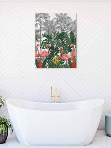 NuYeBiofx Summer Pink Flamingo Palm Leaf Canvas Wall Art Prints,48"x32" Framed Picture Artwork Tropical Animal Plant Tree Printed Canvas Oil Painting for Living Room Bedroom Office,Ready to Hang