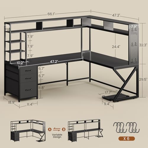 L Shaped Gaming Desk with Storage Shelves, Hutch, Drawers, view 3