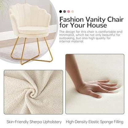 Vanity Chair with Back, Upholstered Accent Chair for Living Room, Makeup Chair for Bedroom Sherpa ArmChairs Home Office Desk Chair with Gold Metal Legs (White)