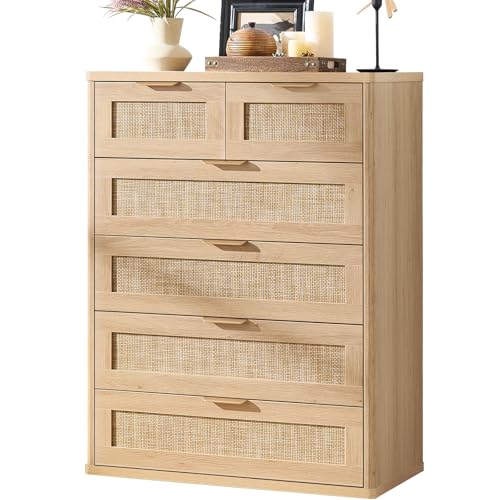 Rattan Dresser for Bedroom, 41" Tall Chest of Drawers, Modern 6 Drawers Boho Dressers with Storage, Light Oak Dresser Wooden Closet Organizer for Living Room, Hallway, Natural Wood
