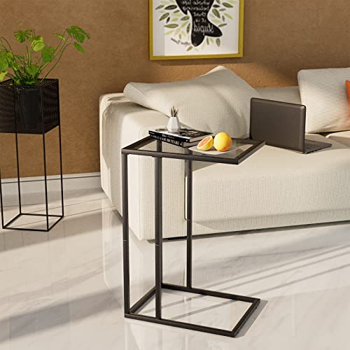 C Shaped End Table,Small Sofa Couch Side Table, Tempered Glass Snack TV Tray Table with Metal Frame for Small Space,Living Room, Bedroom, Bedside,Modern Style, Black
