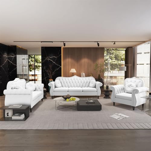 3-Piece Living Room Sectional Sofa Set, Mid-Century Modern Chesterfield Upholstered Velvet Sofa Couch, Classic Tufted Button White Couch with Nailhead Trim for Living Room, Office (White)