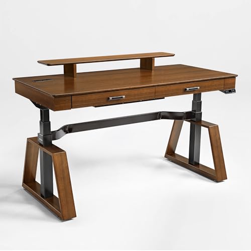 63" Standing Desk with Drawers, App Controlled Adjustable Desk, Executive Sit Stand Desk, Modern Home Office Computer Desk with Monitor Stand, Golden Walnut