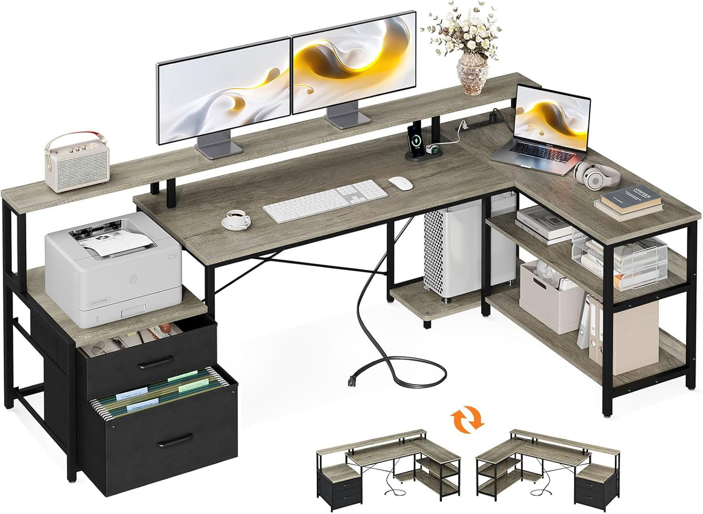 75" L Shaped Desk with File Drawers, Work from Home Office Desk with Power Outlet, Reversible Computer Desk with Storage Shelves, Gaming Desk with Monitor Shelf, Corner WFM Table, Grey Oak