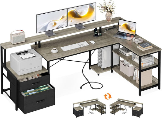 75" L Shaped Desk with File Drawers, Work from Home Office Desk with Power Outlet, Reversible Computer Desk with Storage Shelves, Gaming Desk with Monitor Shelf, Corner WFM Table, Grey Oak