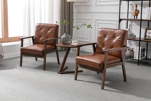 Accent Chairs Set of 2 with Side Table, Mid Century Modern Accent Chair, Retro Wood and Leather Armchairs Side Chair, Lounge Reading Comfy Armchair for Living Room, Bedroom, Office（Brown
