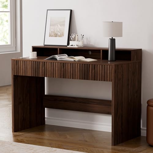 47" Executive Desk with Fluted Drawer, Modern Home Office Desk with Long Monitor Stand and 2 Drawers, Computer Writing Desk for Study Office Vanity, Brown