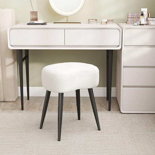 Teddy Velvet Vanity Stool, Upholstered Makeup Chair with Sturdy Metal Legs, Soft Padded Ottoman Footrest, Modern Accent Stool for Bedroom, Living Room, Entryway (White, 17.7in H)