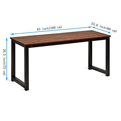 63 Inch Computer Desk, Home & Office PC Laptop Study Writing Table Workstation with Leg Bars, Modern Simple Industrial Style, Rustic Brown