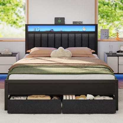 Queen Bed Frame with Storage Drawers and Upholstered Headboard, view 2