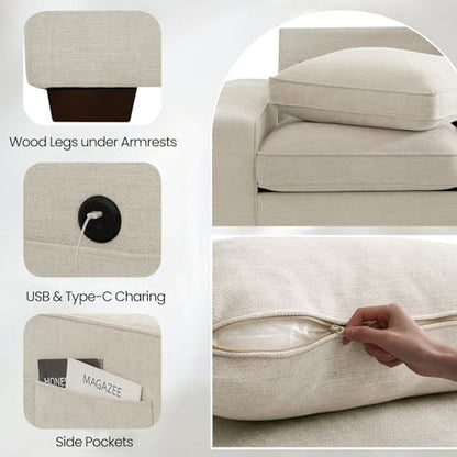 100" Modular Sofa with Seats Storage, Comfy 3-Seater Chenille Fabric Couch for Living Room, Office, Apart W/Deep Seat, Wide Arms, Side Pockets, USB, Removable Covers, Upholstered Couch/Beige