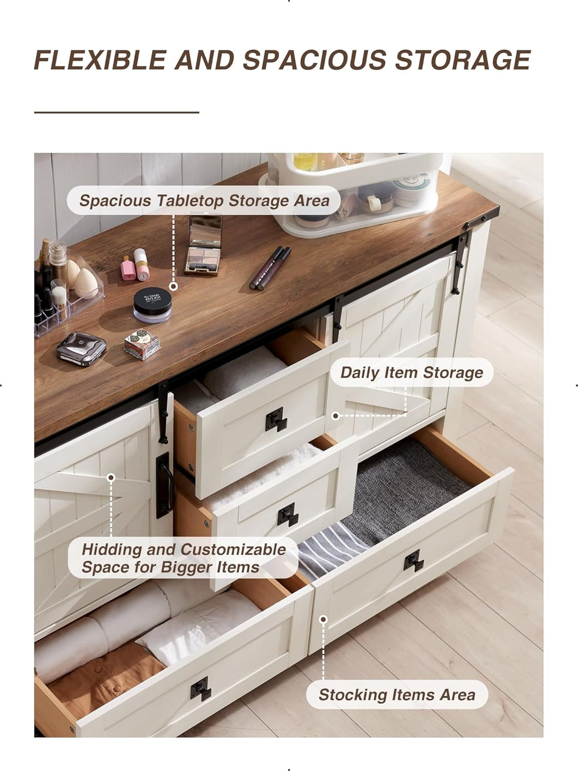 Farmhouse Dresser for Bedroom W/4 Drawers & Sliding Barn Doors, 48'' Wide Chest of Drawers, Rustic Dresser TV Stand W/Shelf, Organizer for Bedroom, Living Room, Entryway, Antique White