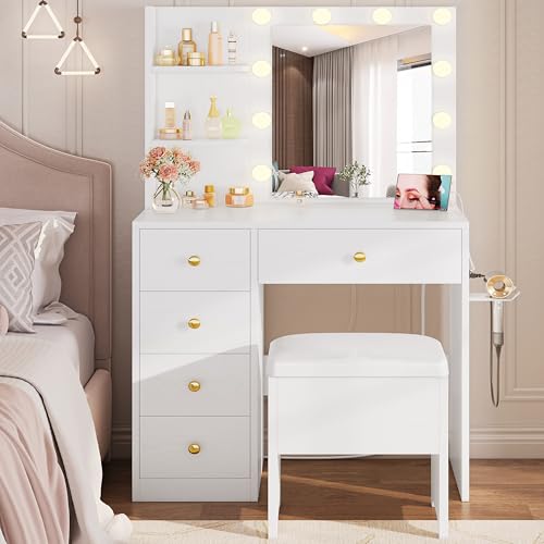 Vanity Desk with Mirror and Lights, White, view 3
