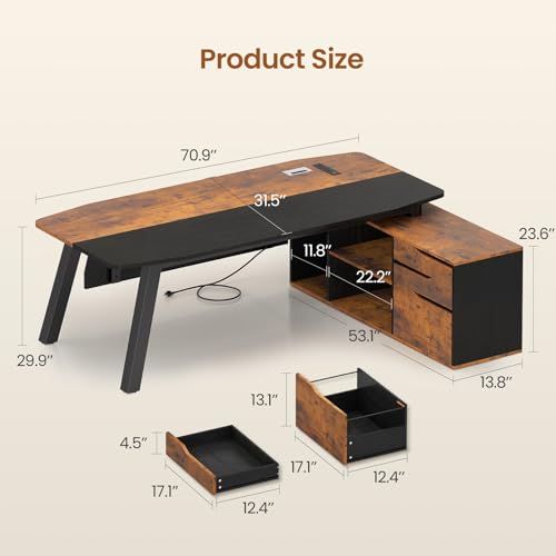 71" L Shaped Executive Desk with File Cabinet & Power Outlet, view 3