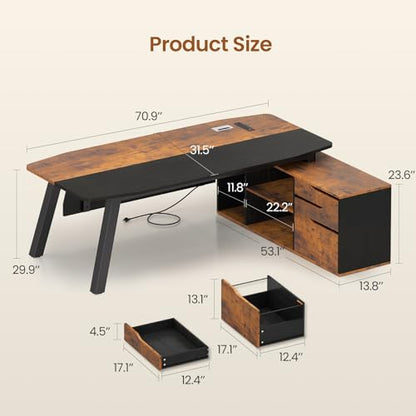 71" L Shaped Executive Desk with File Cabinet & Power Outlet, view 3
