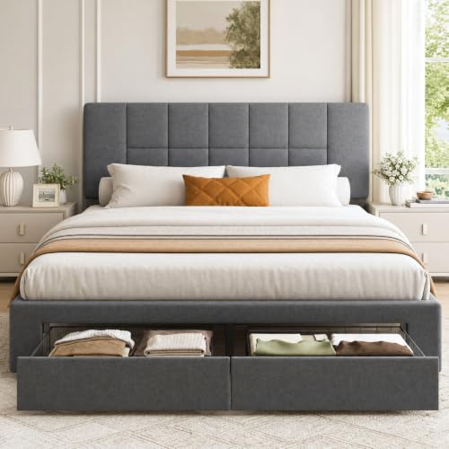 Queen Bed Frame with 2 Storage Drawers & Upholstered Adjustable Headboard, view 3