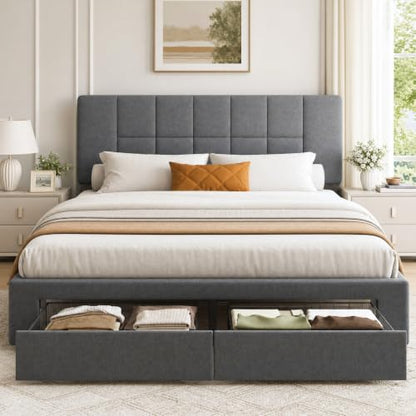 Queen Bed Frame with 2 Storage Drawers & Upholstered Adjustable Headboard, view 3