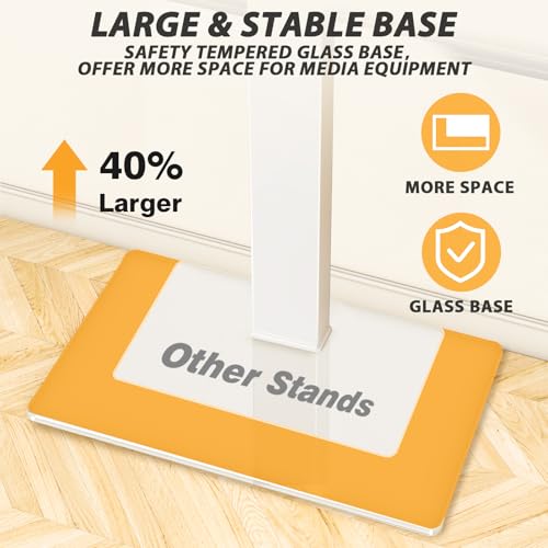 TAVR Swivel Floor TV Stand Base for 32-75 Inch TVs up to 110 lbs | Tall TV Stand for Bedroom with Height Adjustment and Tempered Glass Base for Media Storage and Space Saving, White