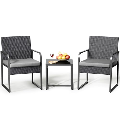 3 Piece Patio Bistro Set, Outdoor Black Wicker Furniture Sets, Modern Rattan Chair Conversation Sets with Coffee Table, for Yard, Garden, Balcony, Poolside, Cushion-Grey