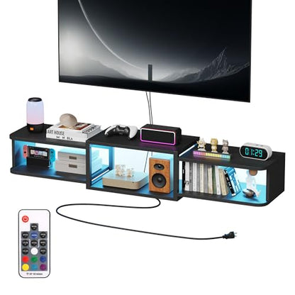 Floating TV Stand with LED, 47.3" USB Charging, Black, view 2