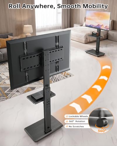 Rolling TV Stand, Mobile TV Cart for 32-75 Inch TVs up to 110 lbs, 18 Adjustable Heights, TV Floor Stand with Swivel Mount & Shelf, Max VESA 600x400mm, TV Stand on Wheels for Bedroom, Office, Outdoor