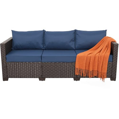 3-Seat Patio Wicker Sofa, Outdoor Rattan Couch Furniture Steel Frame with Furniture Cover and Deep Seat High Back, Blue Anti-Slip Cushion.