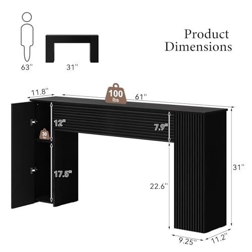61” Fluted Long Console Table with 2 Hidden Storage Cabinets, Black | Wooden Rectangular Sofa Table, Behind the Couch, Narrow Entryway Table for Entrance, Hallway, Living Room, Foyer