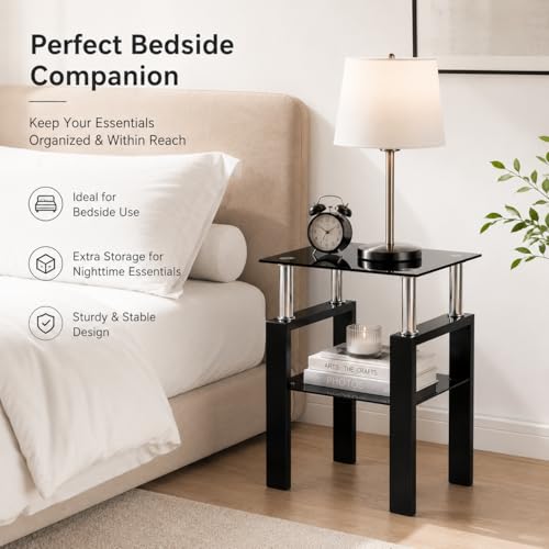 Tempered Glass End Table, Black Modern Square Side Table with Metal Frame, 2-Tier Glass Sofa Table for Home, Bedroom, Apartment & Small Spaces