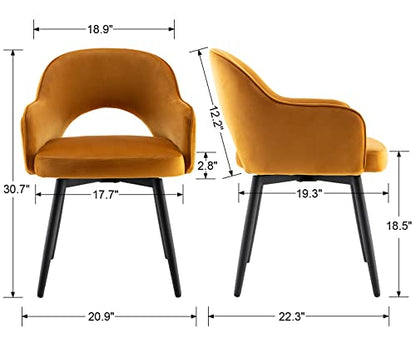Swivel Dining Chair Set of 4, Velvet Upholstered Side Chair Modern Accent Guest Chair Home Office Desk Chair with No Wheels for Dining Room Living Room Office, Yellow
