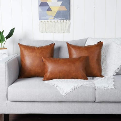 Set of 2 Faux Leather Decorative Throw Pillow Covers Modern Solid Outdoor Cushion Cases Luxury Pillowcases for Couch Sofa Bed 20x20 Inches Brown