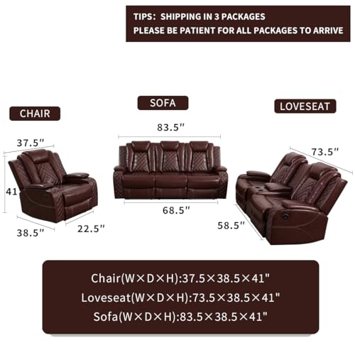 Living Room Set Brown Breathing Leather Sofa Living Room Furniture Set Power Recliner Manual Sofa,Loveseat and Chair with Cup Holders/Storage Console/LED Light for Living Room