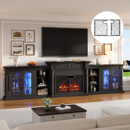 136" Fireplace TV Stand with Metal Screen, 5-in-1 Modular Design, Black, view 2