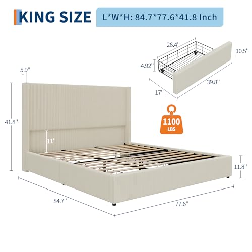 King Bed Frame with 4 Storage Drawers, Corduroy Upholstered Platform Bed, view 4