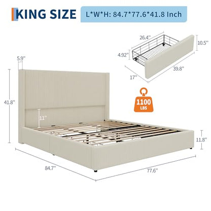 King Bed Frame with 4 Storage Drawers, Corduroy Upholstered Platform Bed, view 4