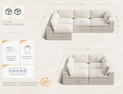 120" Cloud Sectional Couch | Oversize Boneless Couches for Living Room | 4 Seater Modern L-Shape Sofa | Ivory White