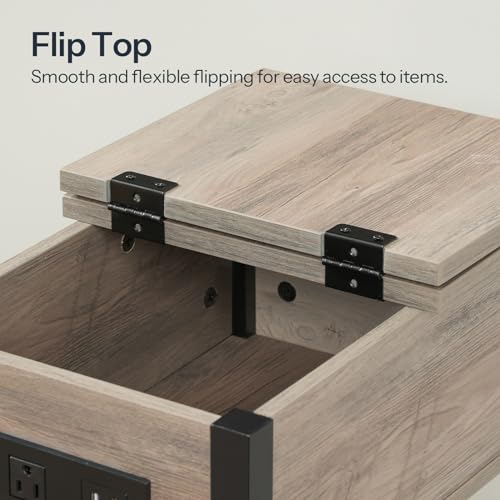 End Table with Charging Station, Flip Top Side Table with USB Ports, Narrow Nightstand Bedside Tables with Storage Shelves, for Small Space, Living Room,Greige and Black BG141UBZ01