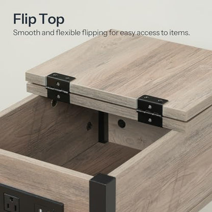 End Table with Charging Station, Flip Top Side Table with USB Ports, Narrow Nightstand Bedside Tables with Storage Shelves, for Small Space, Living Room,Greige and Black BG141UBZ01