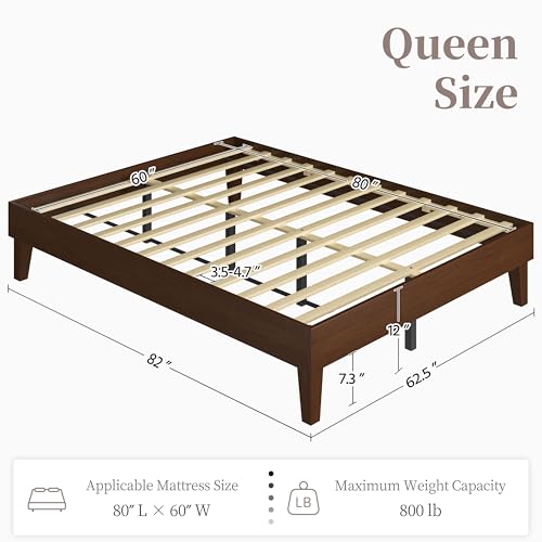 Queen Size Solid Wood Platform Bed Frame Low-Profile Dark Walnut, view 3