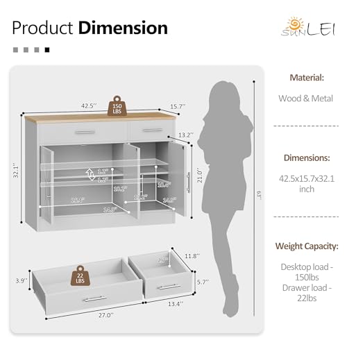 Sideboard Buffet Cabinet with Storage, Kitchen Storage Cabinet with 3 Doors and 2 Drawers, Farmhouse Coffee Bar with Adjustable Shelf for Living Room, White&Yellow