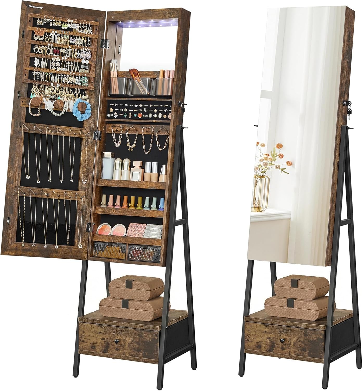 LED Cabinet Standing, Lockable Jewelry Armoire with Full-Length Mirror, Space-Saving Jewelry Organizer with Mirror, Bottom Drawer and Shelf, Gift Idea, Rustic Brown UJJC025X01