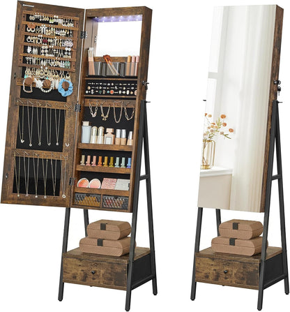 LED Cabinet Standing, Lockable Jewelry Armoire with Full-Length Mirror, Space-Saving Jewelry Organizer with Mirror, Bottom Drawer and Shelf, Gift Idea, Rustic Brown UJJC025X01